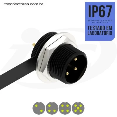 Conector M16 macho para painel redonda IP67 10 amperes PCI