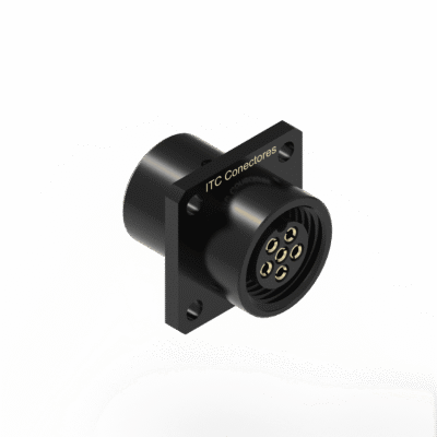 Conector Base Quadrada Circular M12 - 6 Vias - 1 Ampere - Fêmea - IP67 - Alumínio Preto 1,0-Ouro